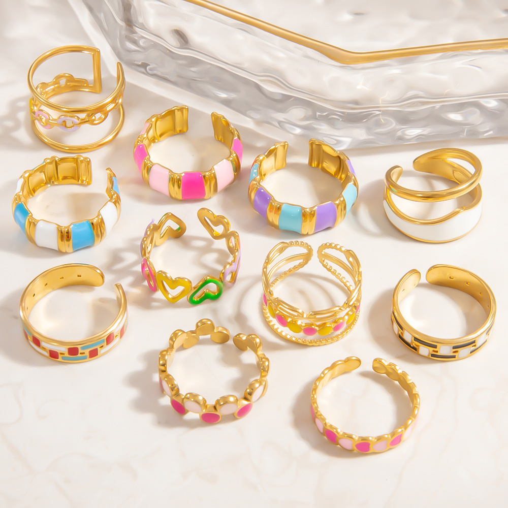 1 Piece Charming Series Exquisite Colorful Flower Oil- Glazing Stainless Steel Gold Color Women's Adjustable Rings Picture5