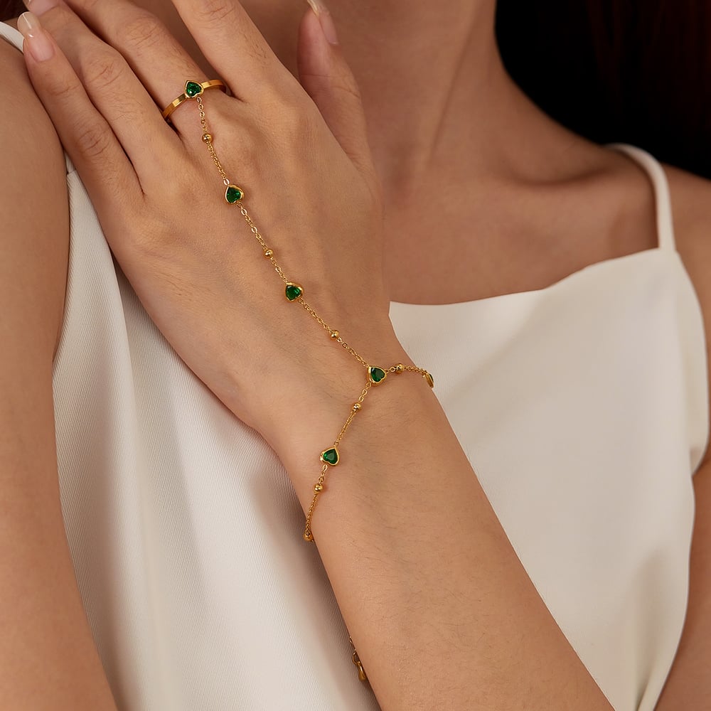 1 Piece Charming Series Daily Heart Stainless Steel Gold Color Glass Women's Chain Bracelets With Ring Picture7