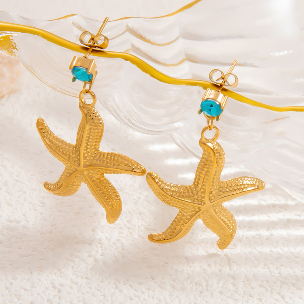 1 paire de boucles d'oreilles pendantes pour femme en acier inoxydable couleur or, motif tortue de vacances, série romantique h5Image4