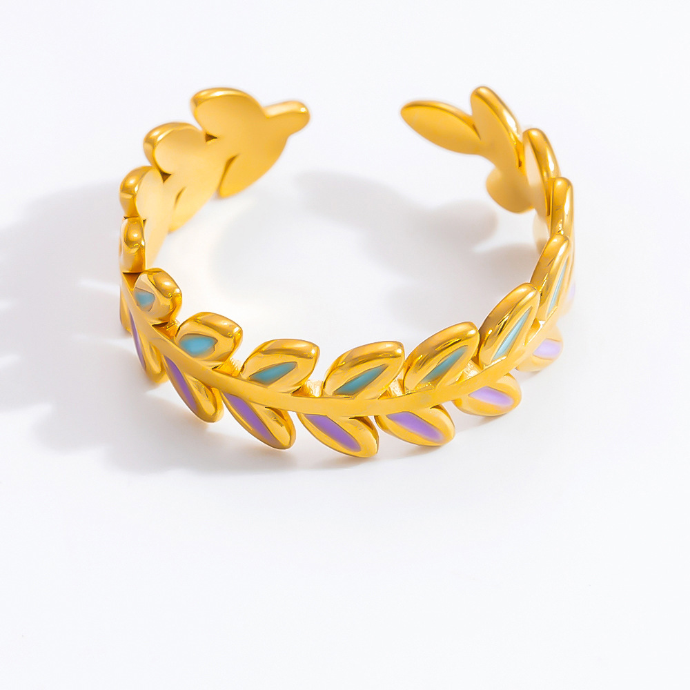 1 Piece Chromatic Series Vivid Olive Branch Oil- Glazing Stainless Steel Gold Color Women's Adjustable Rings h5Picture12