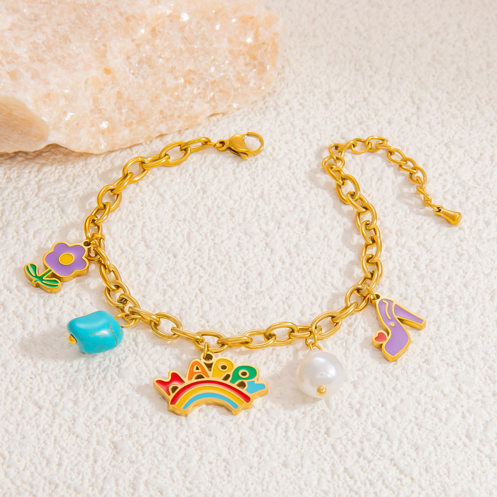 1 Piece Romantic Series Vivid Flower Oil- Glazing Chromatic Stainless Steel Gold Color Women's Charm Bracelets h5Picture8