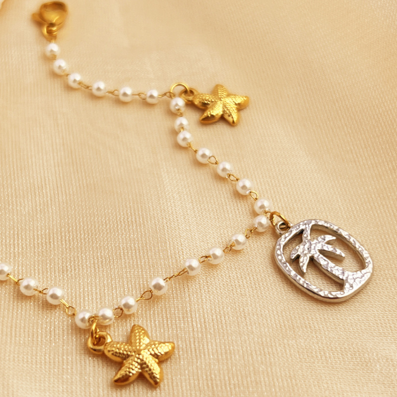 1 Piece Shinning Series Vacational Coconut Palm Stainless Steel Gold Color Women's Beaded Bracelets h5Picture5