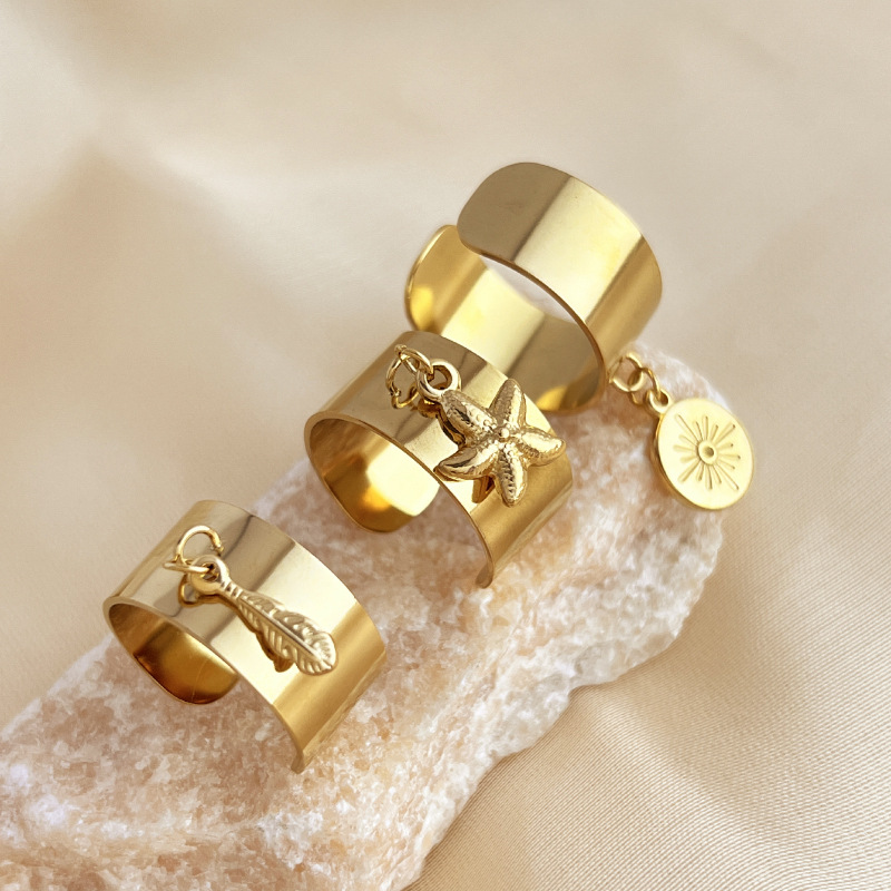 1 Piece Stylish Series Exquisite Marine Organism Dangle Stainless Steel Gold Color Women's Adjustable Rings h5Picture5