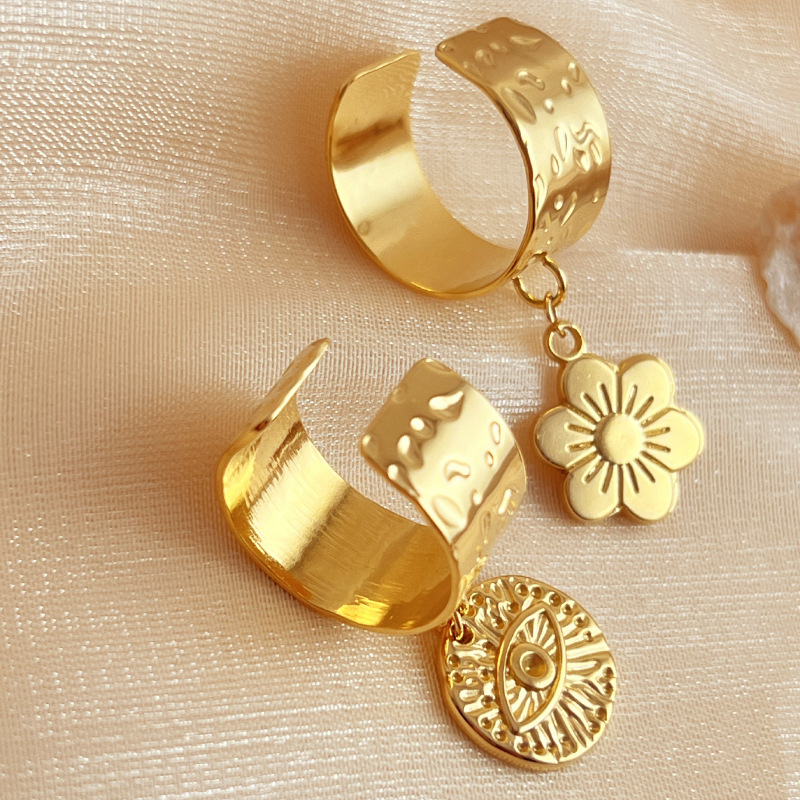 1 Piece Stylish Series Retro Eye Shape Wafer Dangle Stainless Steel Gold Color Women's Adjustable Rings h5Picture3