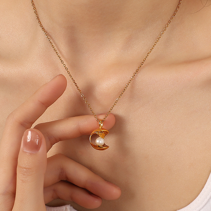 1 Stück Simple Series Retro Geometric Edelstahl Gold Farbe Künstliche Perle Damen Anhänger Halsketten h5Bild7
