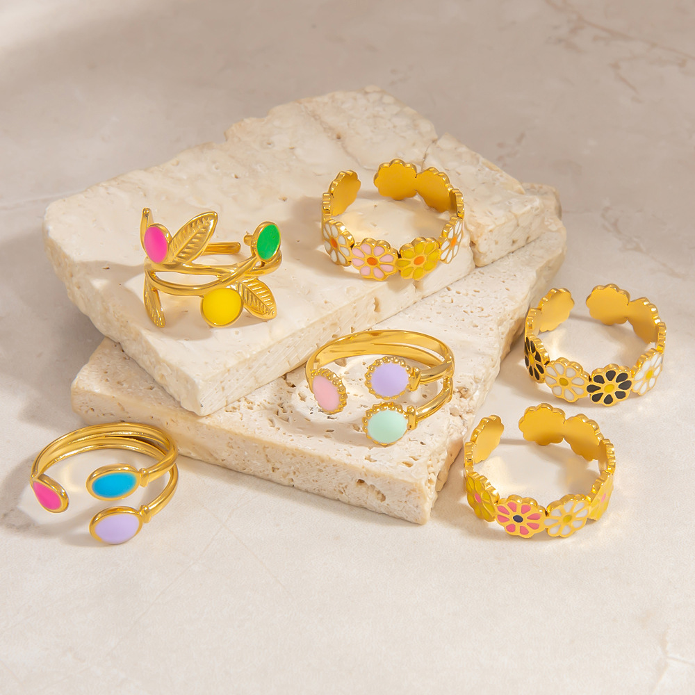 1 Piece Charming Series Chromatic Daisy Shape Oil- Glazing Stainless Steel Gold Color Women's Adjustable Rings Picture5