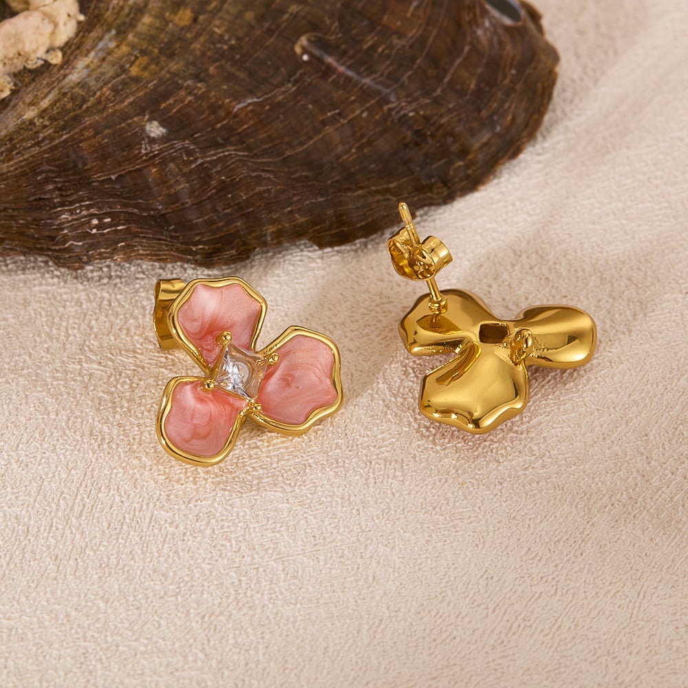 1 paio di orecchini a bottone da donna in acciaio inossidabile color oro con fiori della serie semplice h5Immagine7