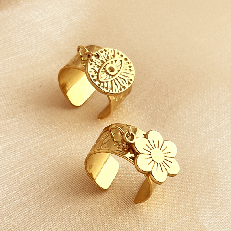 1 Piece Stylish Series Retro Eye Shape Wafer Dangle Stainless Steel Gold Color Women's Adjustable Rings h5Picture7