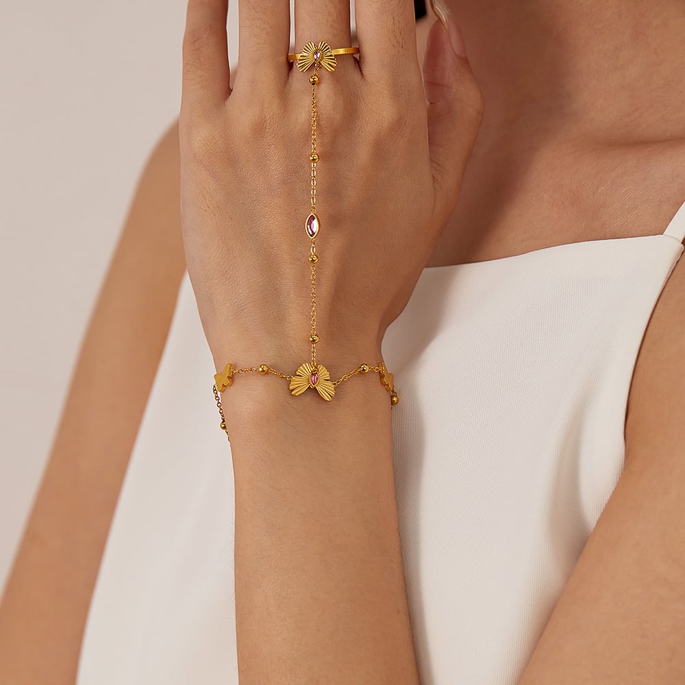 1 Piece Exquisite Series Daily Butterfly Stainless Steel Gold Color Women's Chain Bracelets With Ring h5Picture8