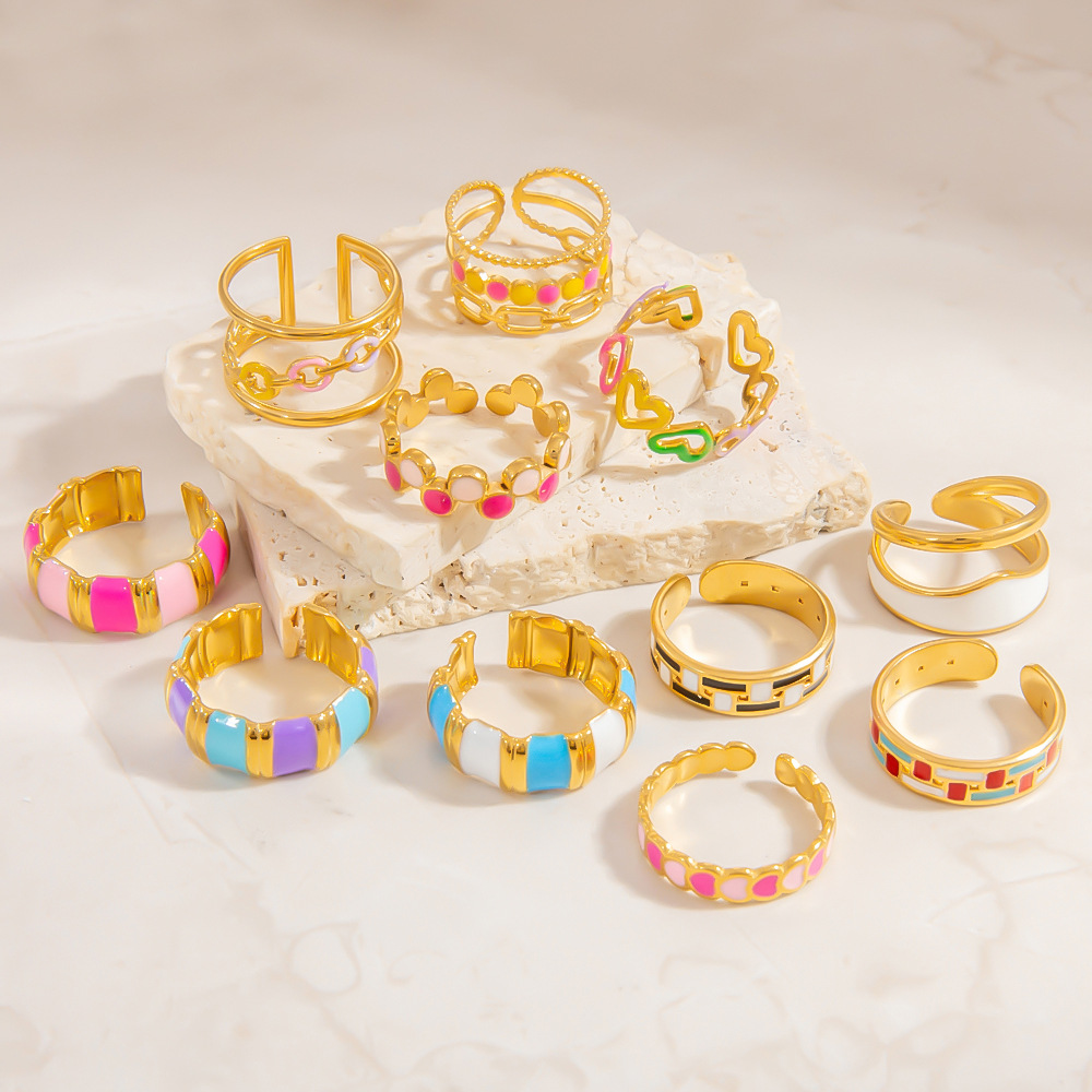 1 Piece Charming Series Exquisite Colorful Flower Oil- Glazing Stainless Steel Gold Color Women's Adjustable Rings Picture4