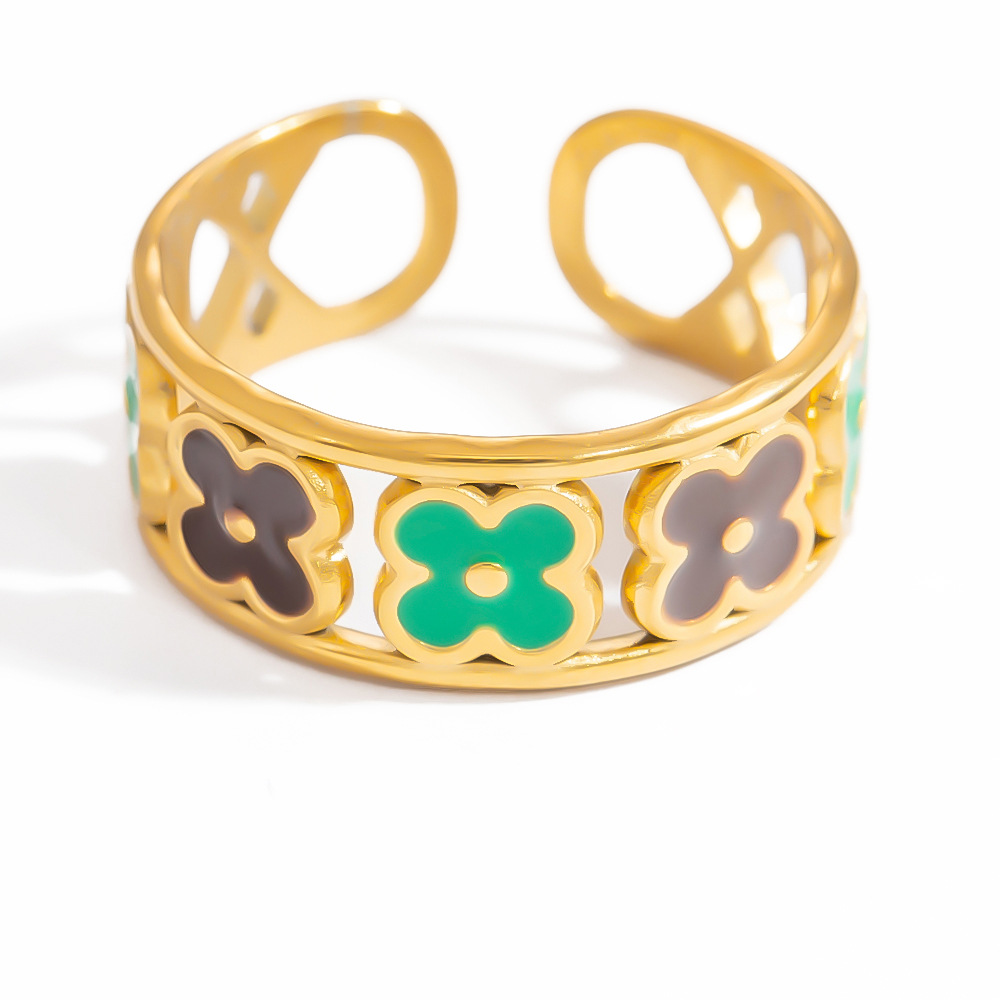 1 Piece Charming Series Exquisite Colorful Flower Oil- Glazing Stainless Steel Gold Color Women's Adjustable Rings Picture11