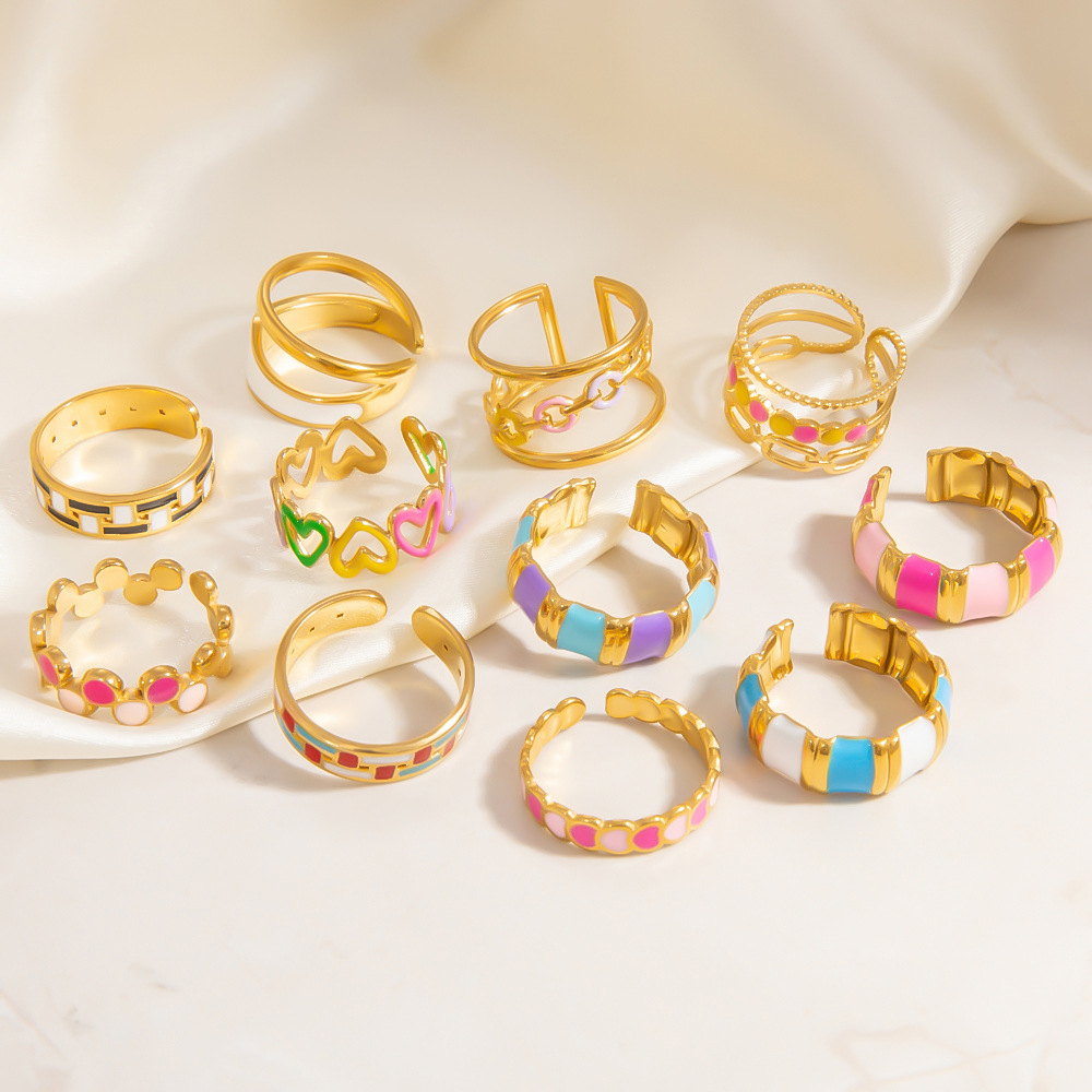 1 Piece Charming Series Exquisite Colorful Flower Oil- Glazing Stainless Steel Gold Color Women's Adjustable Rings Picture3