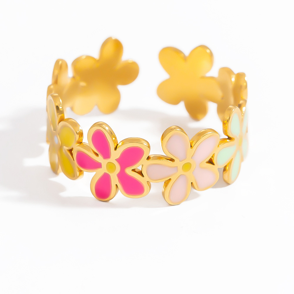 1 Piece Charming Series Exquisite Colorful Flower Oil- Glazing Stainless Steel Gold Color Women's Adjustable Rings Picture9