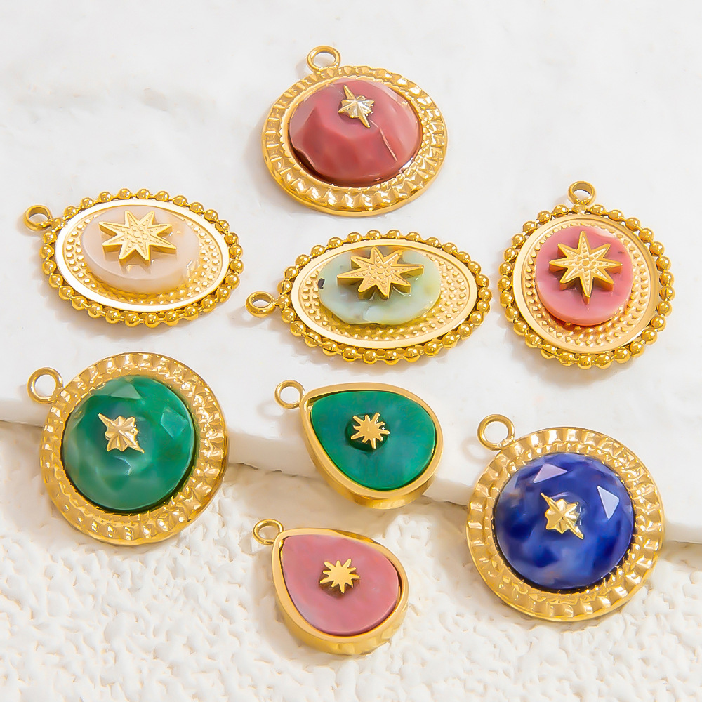 1 Piece Bohemian Series Retro Star Chromatic Natural Stone Stainless Steel Gold Color Women's Pendants h5Picture4