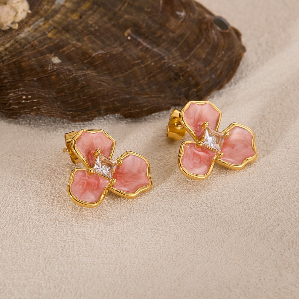 1 paio di orecchini a bottone da donna in acciaio inossidabile color oro con fiori della serie semplice h5Immagine8