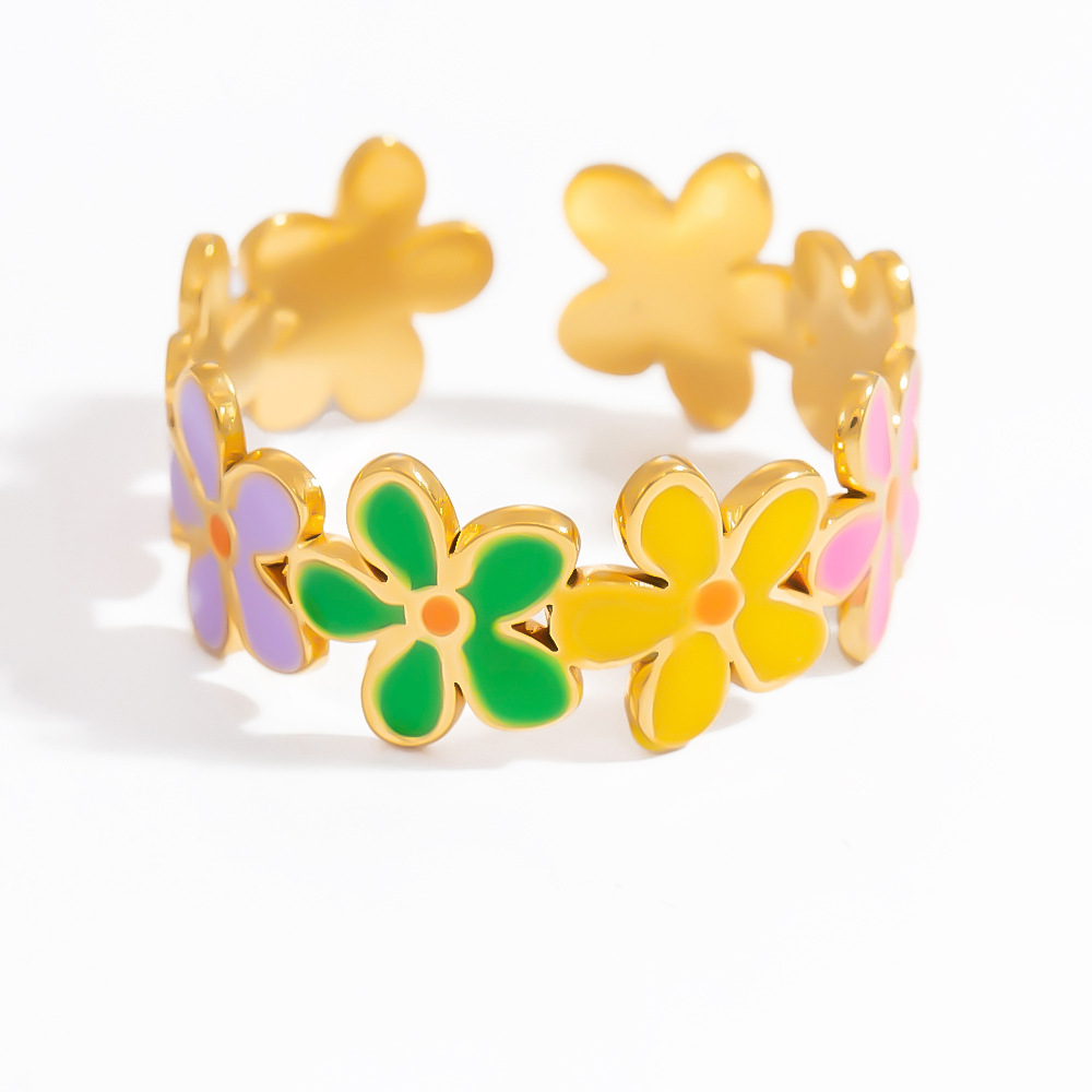 1 Piece Charming Series Exquisite Colorful Flower Oil- Glazing Stainless Steel Gold Color Women's Adjustable Rings Picture8