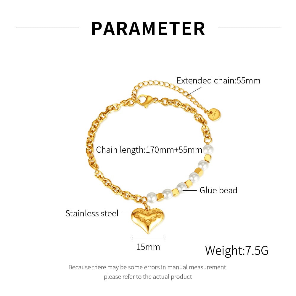 Pulseras con dijes de acero inoxidable dorado de 1 pieza con forma de corazón para mujer h5Imagen7