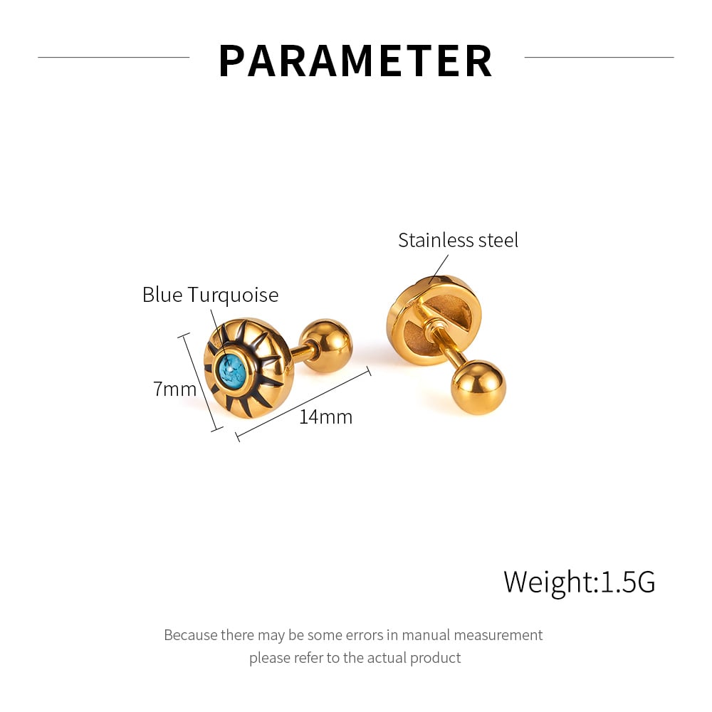 1 paio di orecchini a bottone da uomo in acciaio inossidabile con motivo a sole delicato Immagine7