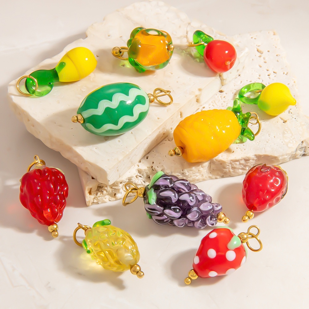 1 Piece Chromatic Series Natural Fruit Coloured Glaze Stainless Steel Gold Color Women's Pendants h5Picture3