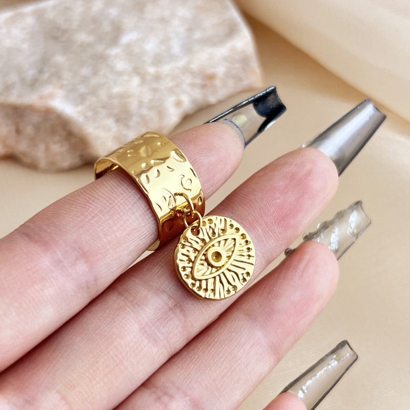 1 Piece Stylish Series Retro Eye Shape Wafer Dangle Stainless Steel Gold Color Women's Adjustable Rings h5Picture5