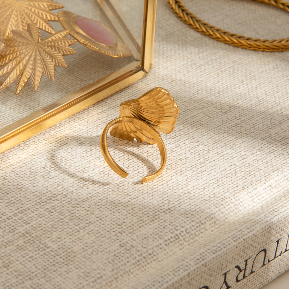 1 Piece Romantic Series Natural Ginkgo Leaf Shape Stainless Steel Gold Color Women's Adjustable Rings h5Picture5
