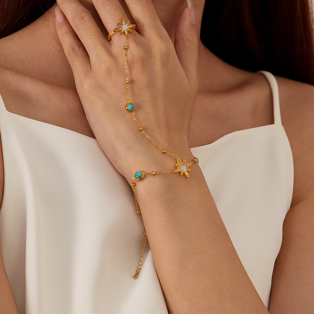 1 Piece Designable Series Daily Star Stainless Steel Gold Color Women's Chain Bracelets With Ring h5Picture7