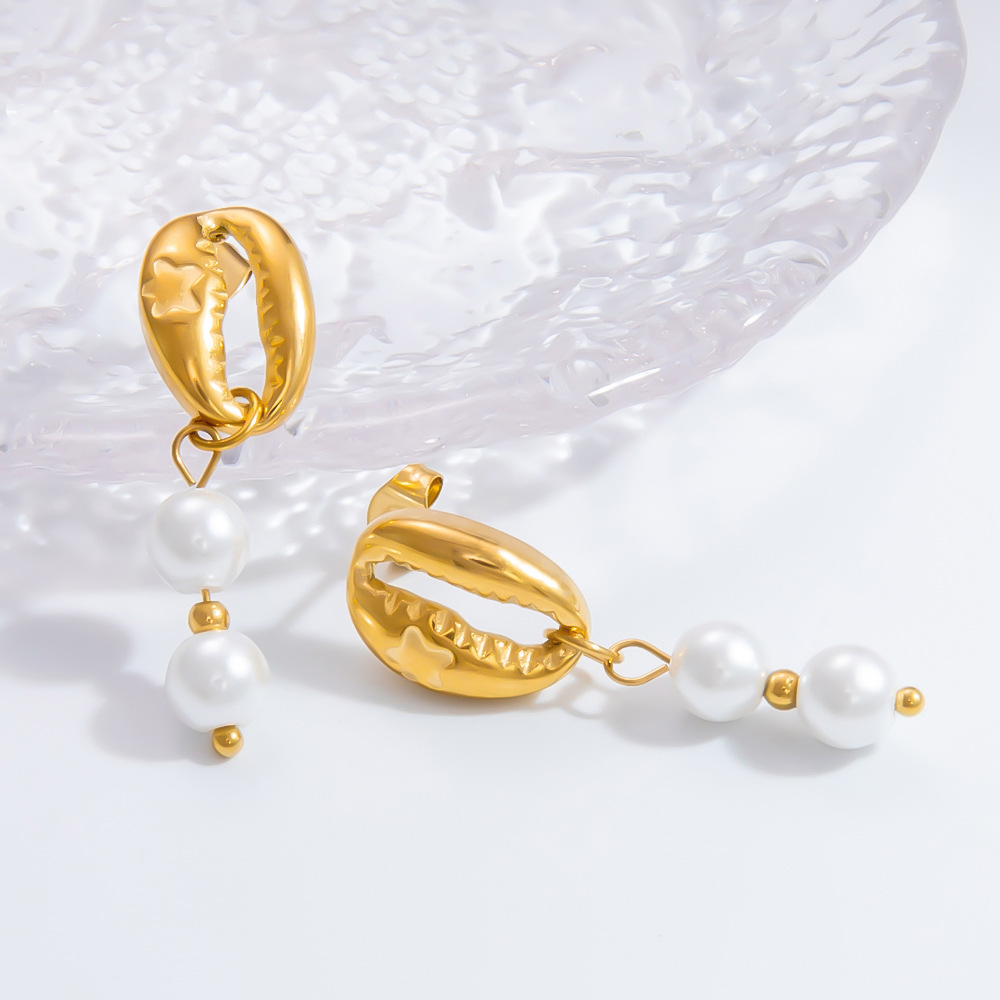 1 Pair Graceful Series Elegant Conch Shape Beads Stainless Steel Gold Color Women's Drop Earrings Picture4