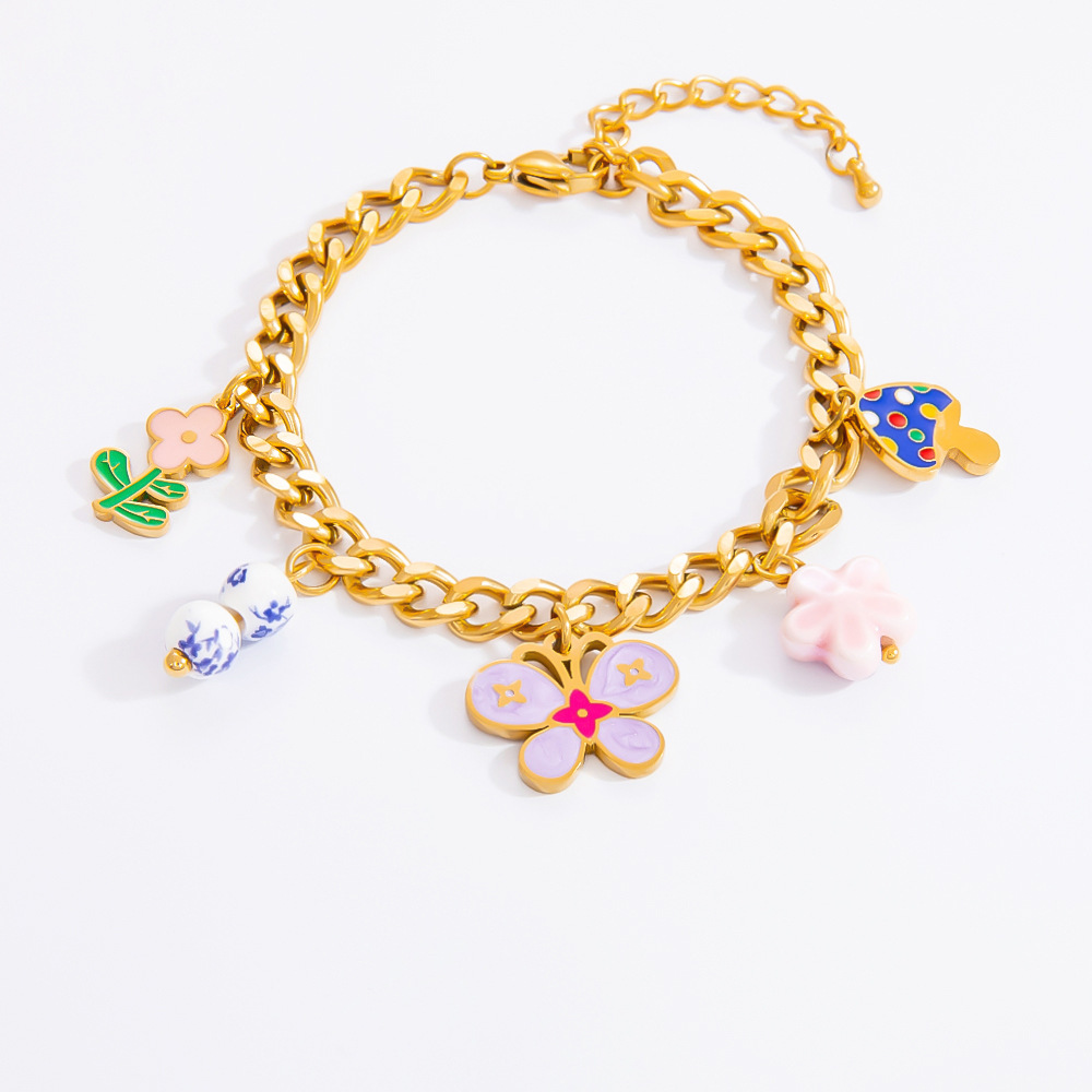 1 Piece Romantic Series Vivid Flower Oil- Glazing Chromatic Stainless Steel Gold Color Women's Charm Bracelets h5Picture4