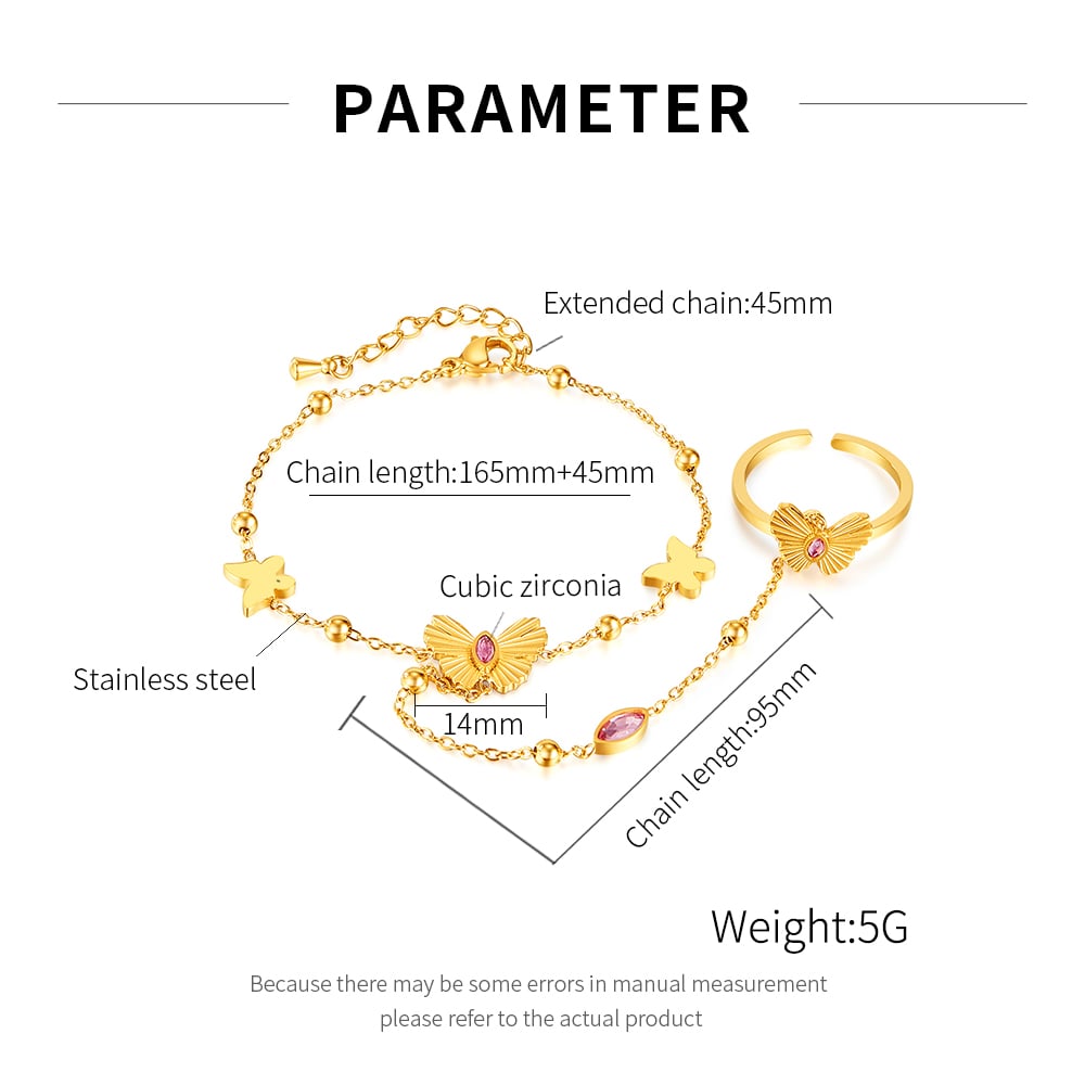 1 Piece Exquisite Series Daily Butterfly Stainless Steel Gold Color Women's Chain Bracelets With Ring h5Picture9