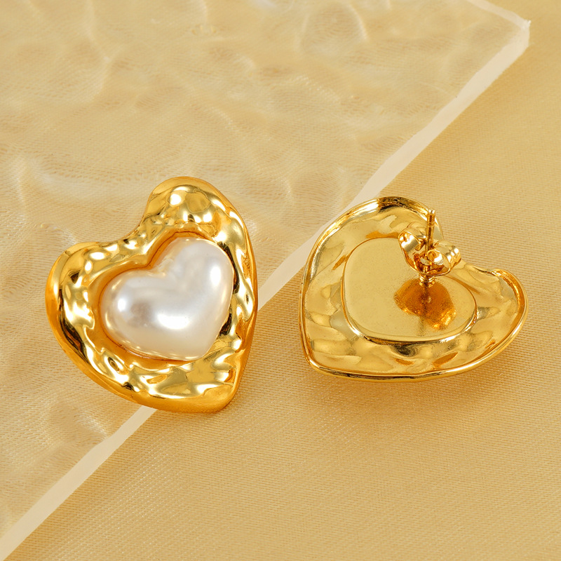 1 pair light-luxury casual style oval heart shape stainless steel  gold plated inlay artificial pearl women's stud earrings h5Picture4