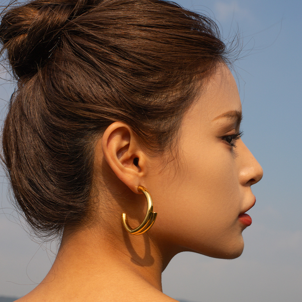 1 pair simple series simple letter titanium steel  gold plated women hoop earrings h5Picture3