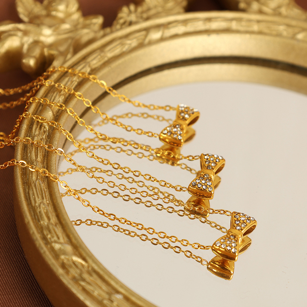1 piece simple series sweet bow knot stainless steel  gold plated rhinestone women pendant necklaces h5Picture4