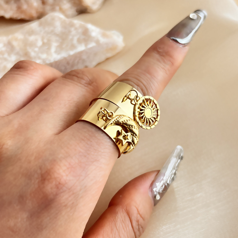 1 Piece Designable Series Retro Sun Dangle Classic Stainless Steel Gold Color Women's Adjustable Rings h5Picture4