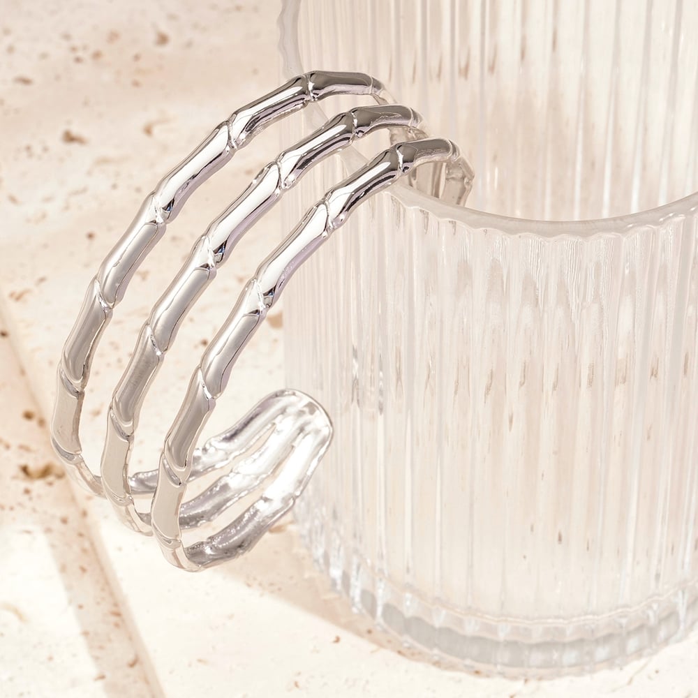 1 Piece Dazzling Series Classic Strip Three-Layers Stainless Steel Gold Color Women's Bangles Picture4