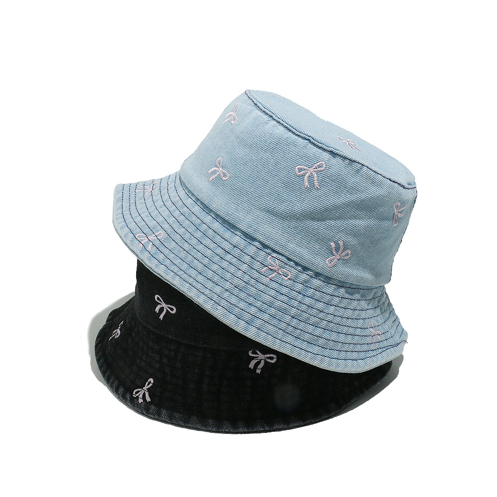 1 Piece Denim Bow Embroidered Fisherman Hat Picture3