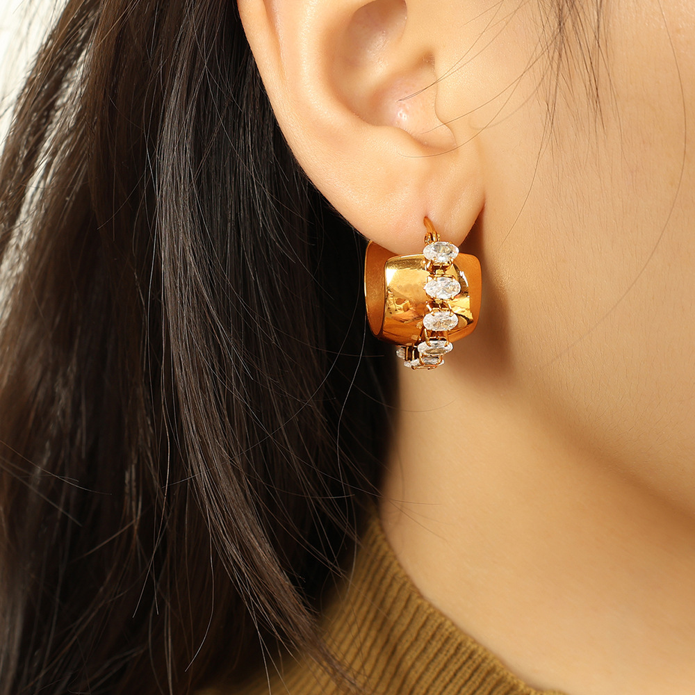 1 pair simple series retro geometric stainless steel  gold plated zircon women hoop earrings Picture4