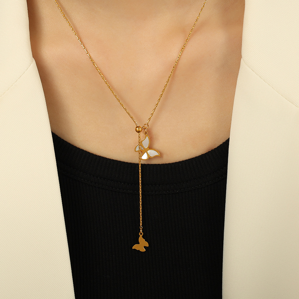 1 piece romantic series sweet buttterfly titanium steel  gold color plated shell women's pendant necklaces h5Picture5