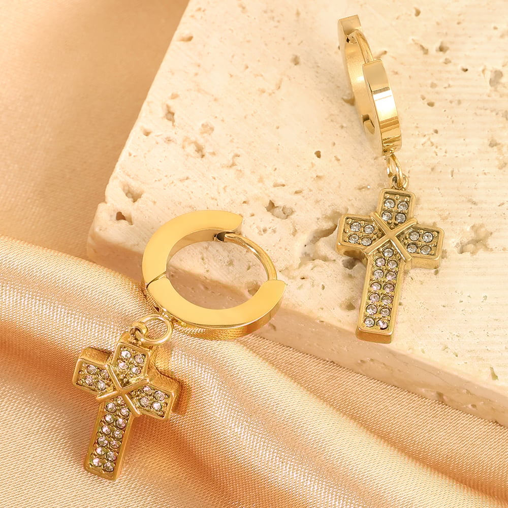 1 Pair Dazzling Series Classic Cross Titanium Steel Gold Color Women's Drop Earrings Picture3