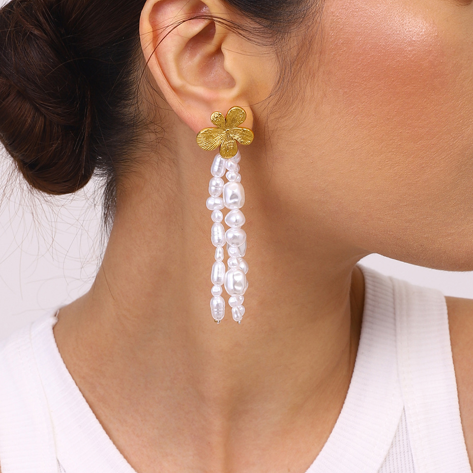 1 Pair Classic Series Elegant Flower Tassel Stainless Steel Gold Color Women's Drop Earrings h5Picture7