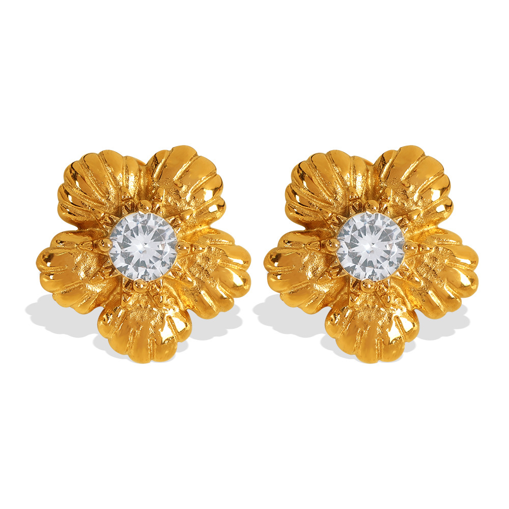 1 pair romantic series retro flower stainless steel  gold plated zircon women stud earrings Picture5