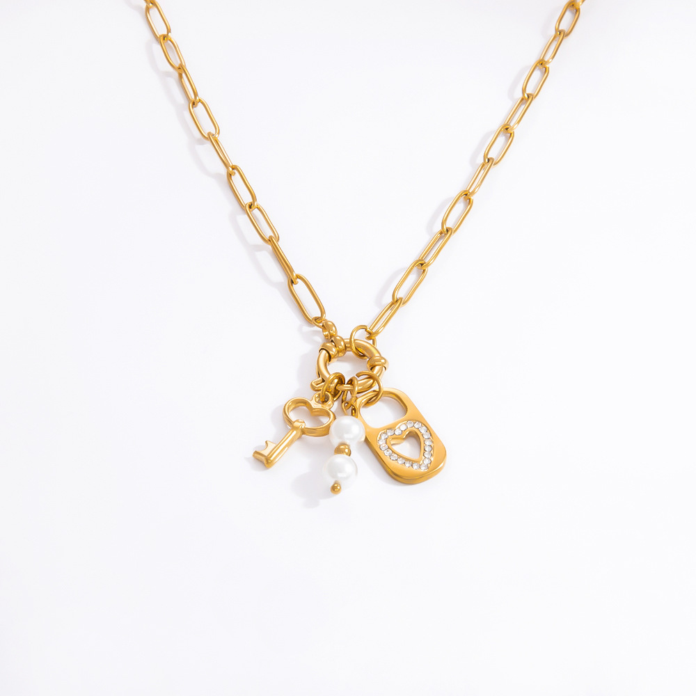 1 piece classic series retro lock and key stainless steel  gold color plated rhinestone women's pendant necklaces h5Picture7