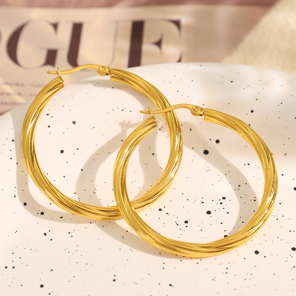 1 pair classic series elegant daily geometric titanium steel  gold color plated women's hoop earrings Picture3