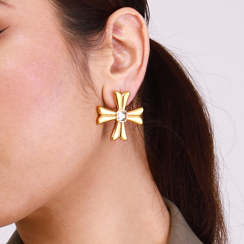 1 Pair Classic Series Exquisite Cross Shape Stainless Steel Gold Color Women's Stud Earrings Picture5