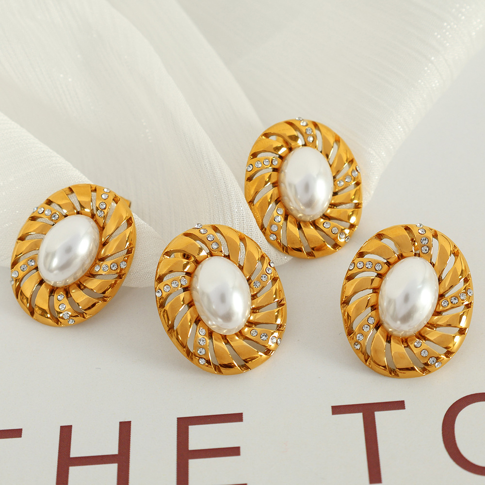 1 paire de boucles d'oreilles à tige géométriques rétro en acier inoxydable plaqué or  avec strass pour femme, série classique h5Image3