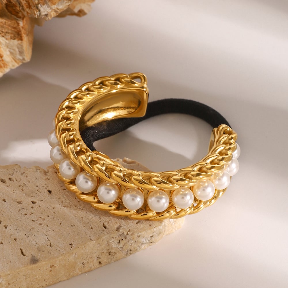 1 paio di elastici per capelli da donna in acciaio inossidabile geometrico elegante della serie classica placcati in oro con perle artificiali h5Immagine2