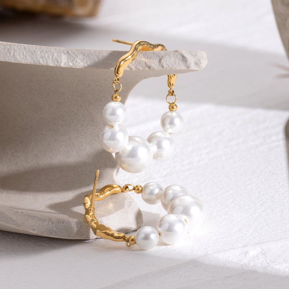 1 pair simple series retro beads stainless steel  gold plated artificial pearl women hoop earrings h5Picture4