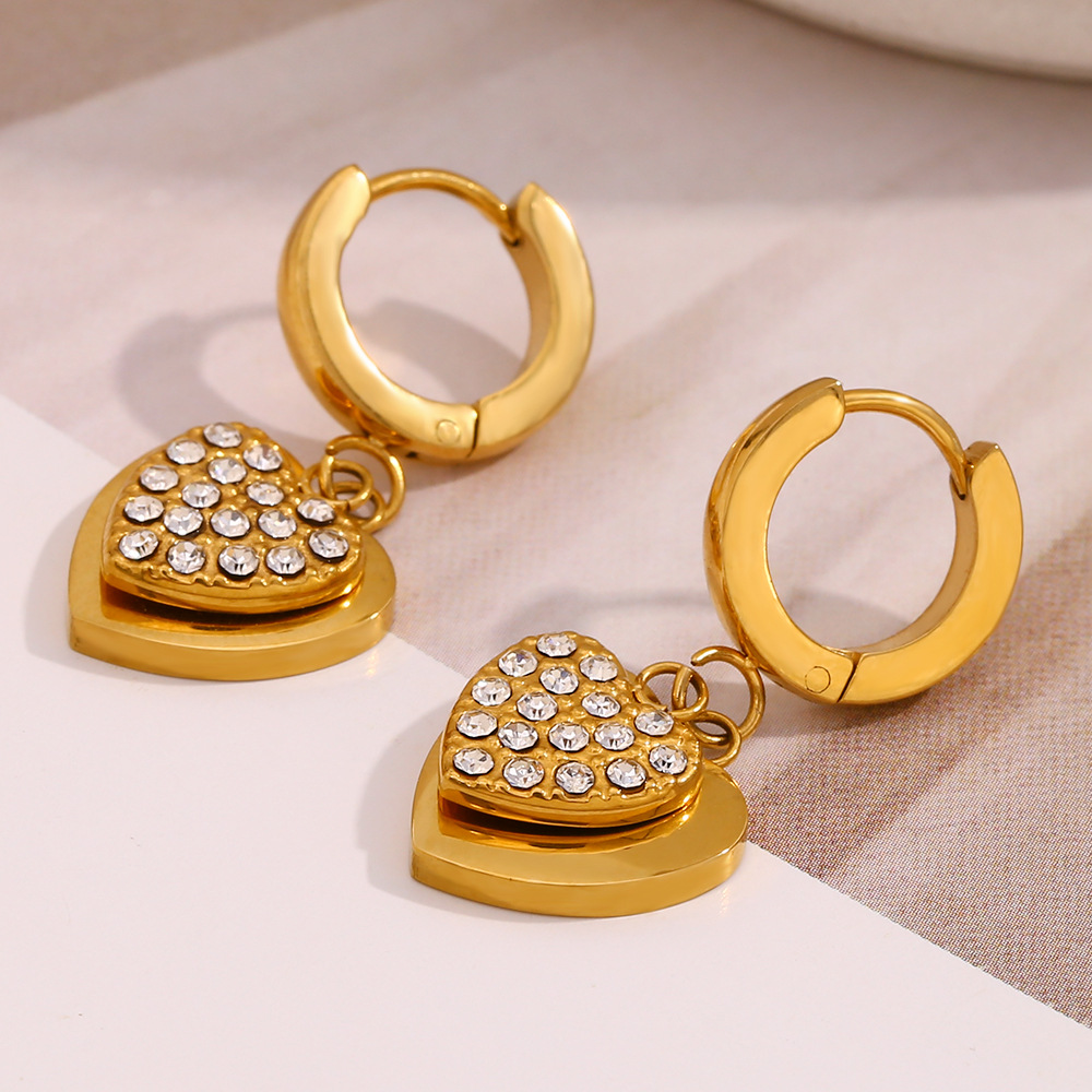 1 Çift Basit Seri Retro Kalp Paslanmaz Çelik Altın Rengi Zirkonyum Kadın Damla Küpe h5Resim3