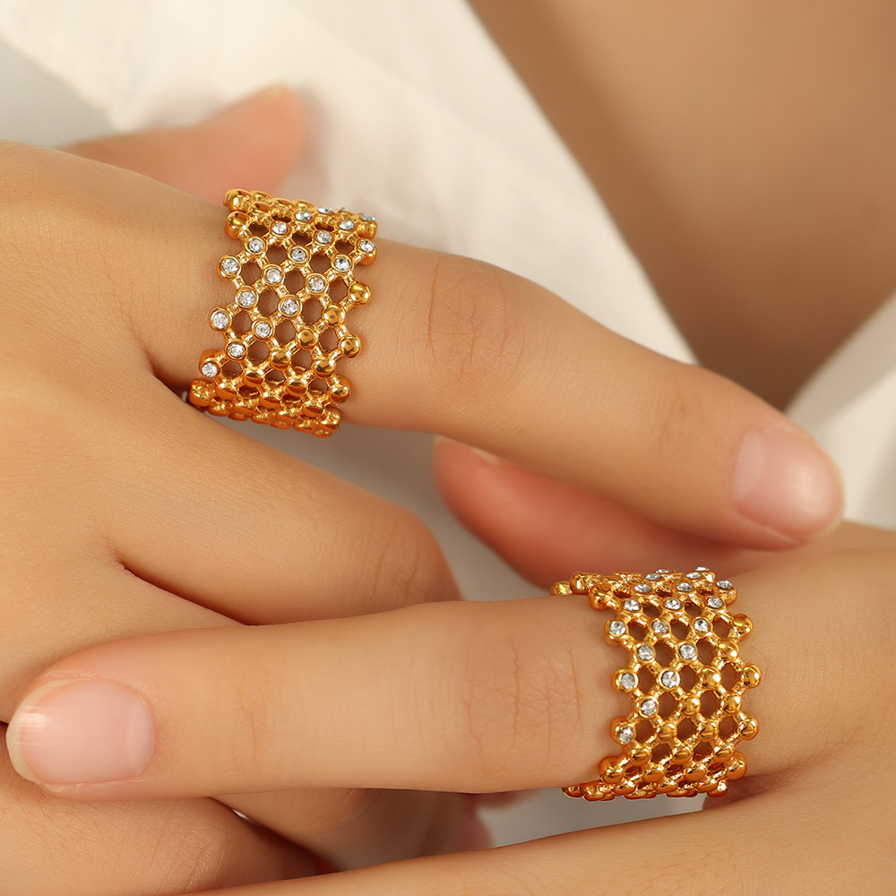 1 pair simple series retro geometric stainless steel  gold plated rhinestone women single rings h5Picture4