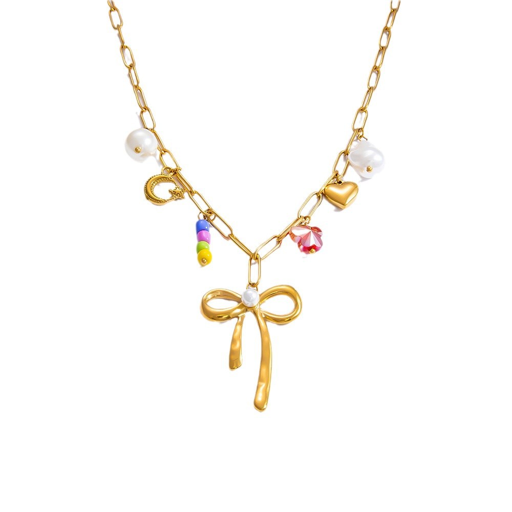 1 piece romantic series sweet bowknot stainless steel  gold color plated artificial pearl women's pendant necklaces h5Picture5