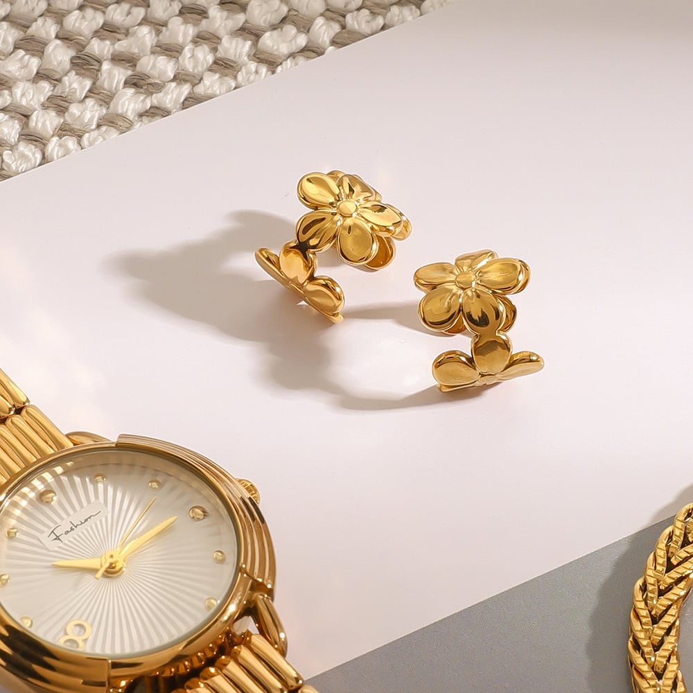 1 Pair Luxurious Series Gorgeous Flowers Stainless Steel Gold Color Women's Clip-on Earrings h5Picture4